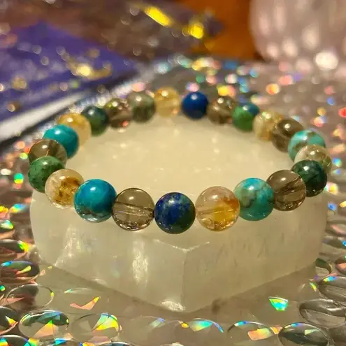 Handmade 🩵Genuine turquoise + azurite + citrine + smoky quartz beaded bracelet