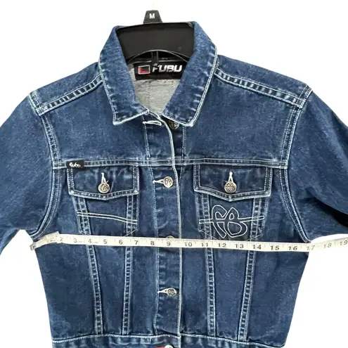 FUBU Vintage 90s Y2K Jean Jacket M Blue Crop Trucker Logo Streetwear Hip Hop Size M