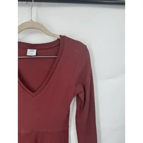 KOTN Deep V Ribbed Dress Women Small Maroon Athleisure Granolagirl Western Indie Red