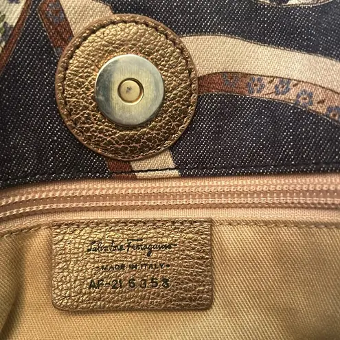 Salvatore Ferragamo Vintage Floral BOHO Printed Gancini 30 Denim Shoulder Bag