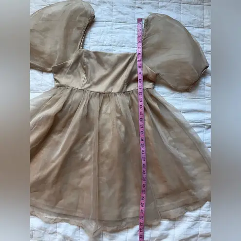 TCEC Tan / Champaign Chiffon Babydoll Mini Dress Holiday Cottagecore Fairy -Med