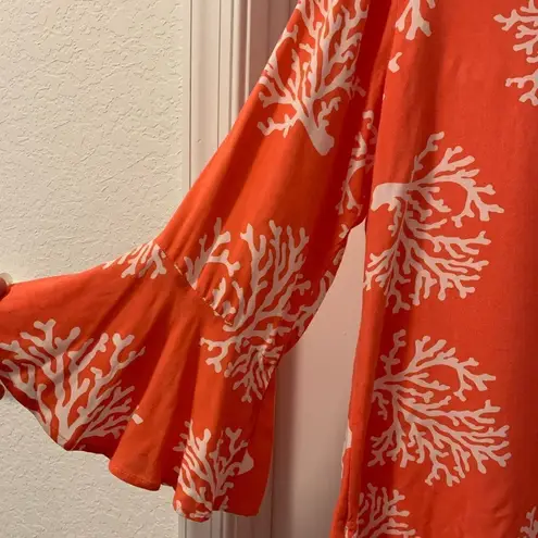 Escapada  Living Size L Tunic Bell Sleeves Swim Cover Up Coral Print - Image 3