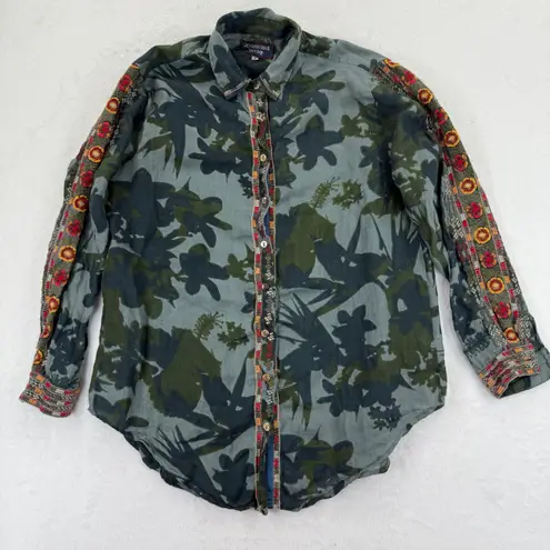 Johnny Was Workshop Floral Embroidered Linen Button Down Shirt Small READ Green