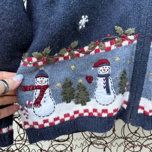 VTG 90s Croft & Barrow Blue Christmas Snowmen Farm Rustic Cabincore Cardigan LG