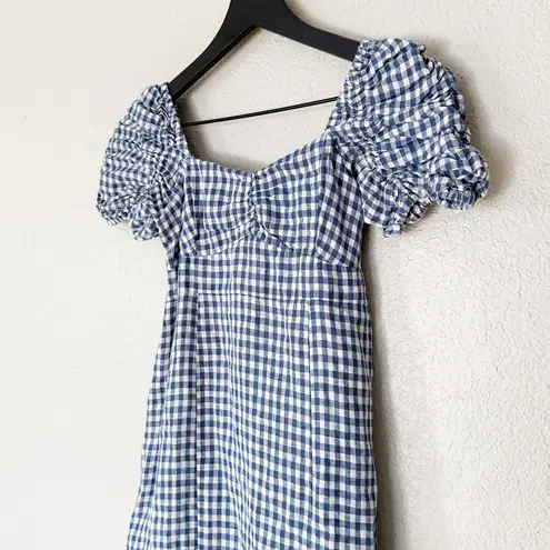 Emerson Fry Midi Dress 100% Linen Gingham Gathered Sleeve Blue Size XXS