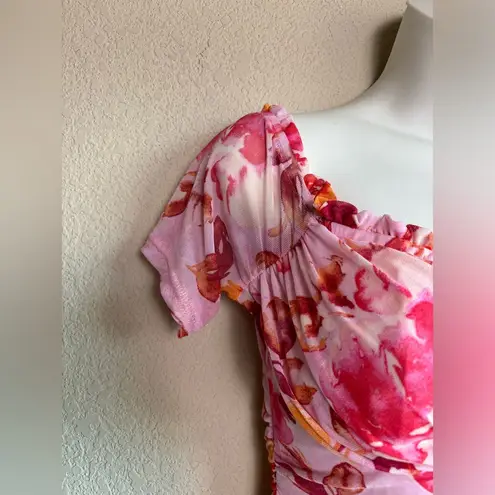 Privy Pink Floral Ruched Corset Mesh Overlay Bodycon Mini Dress L