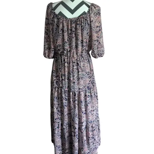 Luxology Paisley Print Maxi Dress S Pink Navy Tiered Off Shoulder/V-Neck Ruffle