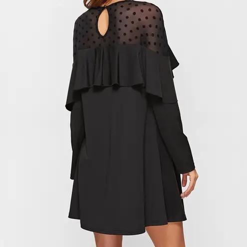 Black Polka Dot Mesh Neck Ruffle Trim A Line Dress Black Size M
