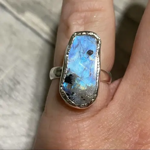 Sterling Silver Natural Black Tourmaline In Rainbow Moonstone Ring Size 6