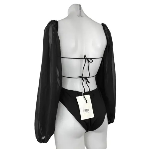 NEW Sabo Black Long Sleeve Mesh Tie Neck Open Back Bodysuit Top Size S