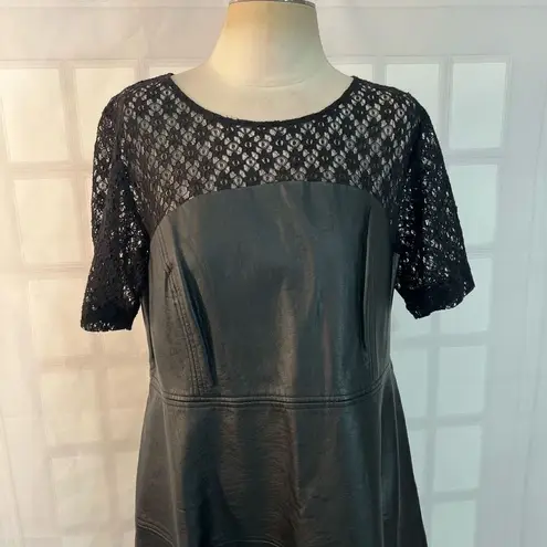 Lane Bryant  Black Faux Leather And Lace Short Sleeve Fit & Flare Dress Size 14