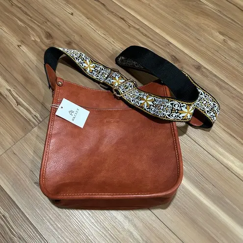 HKCLUF Camel Brown Leather Crossbody Bag 2 Straps and Matching Personal Bag Black