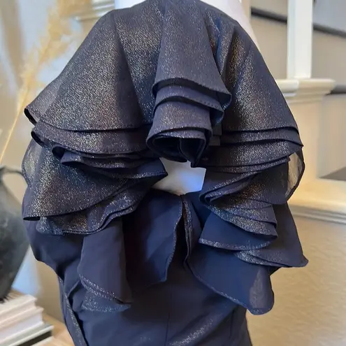 Dessy Collection Metallic Navy Blue Ruffled Sleeve A