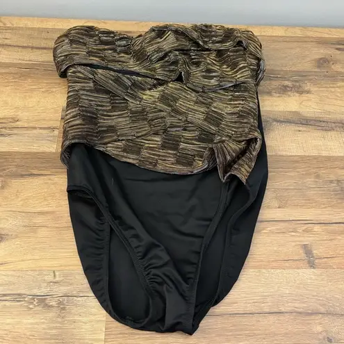 MiracleSuit Bandeau Gold Black Ruffle Slimming Tank One Piece Swimsuit Strapless