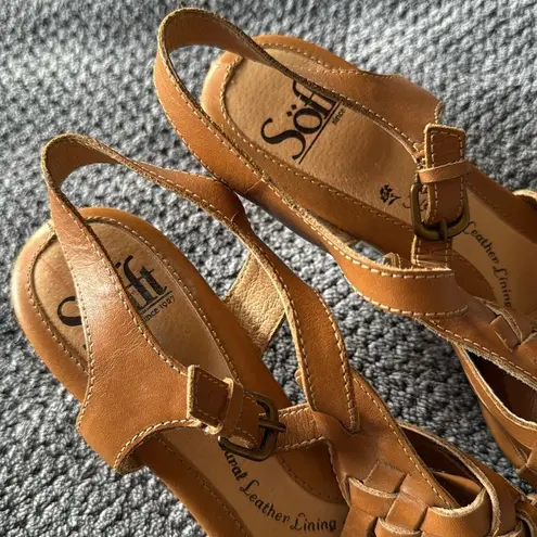 Sofft Cognac Woven Leather Slingback Wedge Sandals Size 6.5M Brown