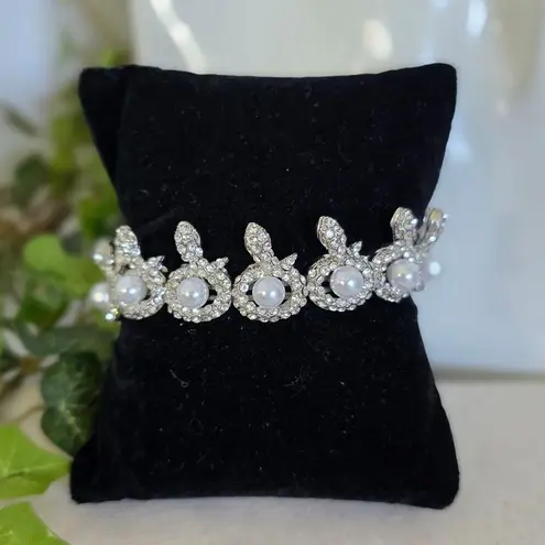 Boutique Silver Rhinestone Snakes with Pearls Stretch Bracelet