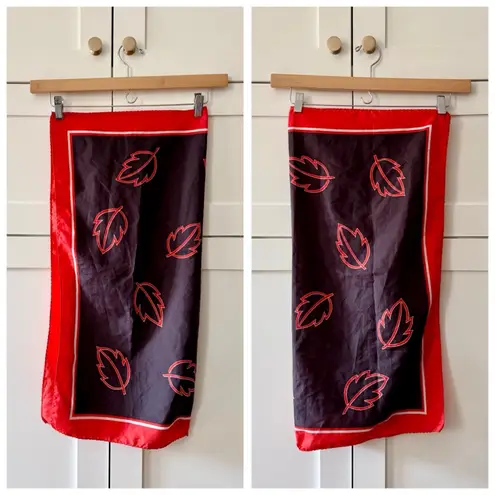 Vintage Silken Square Scarf, Autumnal Falling Leaf Print (Red & Brown) Red