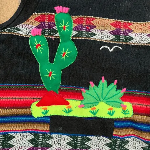 Vintage Peruvian Imports Llama Vest Folk Art Appliqué Striped Colorful Large Black