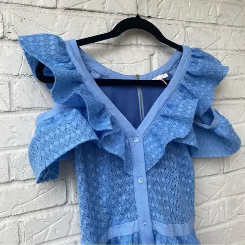 Maje Blue Lace Reglisse Ruffled Cold Shoulder Dress size L Cottagecore Milkmaid