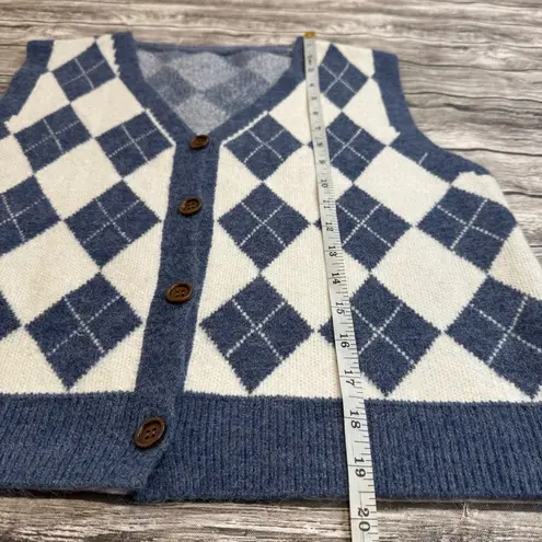 Unbranded Womens Crop Argyle Sweater Vest Blue White V Neck 4 Button L LG Large