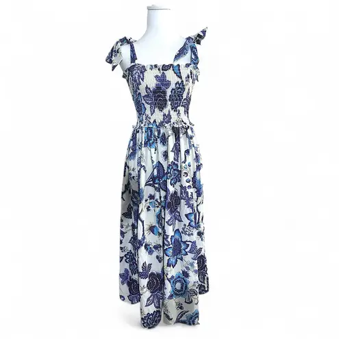 Smocked Blue and White Floral Bow Strap Maxi Dress Chinoiserie Style Small