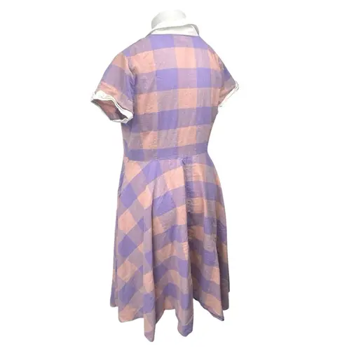 Unique Vintage Purple Plaid Checkered Short Sleeve Button Midi Shirt Dress 2XL