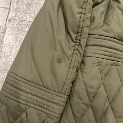 prAna Olive Green Quilted Winter Coat Knit Collar Women's Size Large Zip Buttons