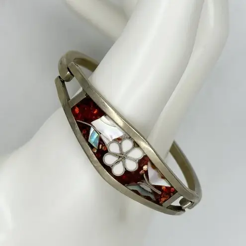 Vintage Mexico Taxco Silver Tone Abalone Shell Butterfly Bangle Child's Bracelet