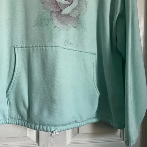 Vintage cat rose turquoise hoodie sweatshirt large Blue
