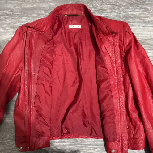 Vintage Women Genuine Red Leather Bomber Zip Front Jacket Made in Korea Sz M Size M