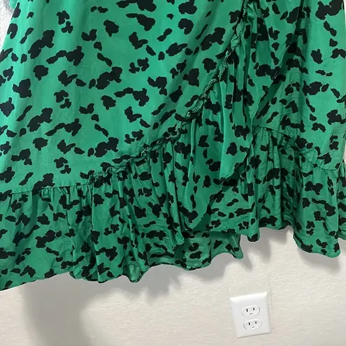 Tanya Taylor Nomi Wrap Dress Green Silk Print Ruffle Trim, Size 4