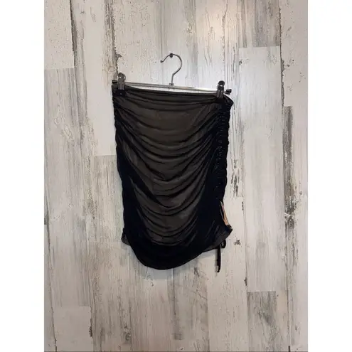 Windsor Privy  Black Mesh Ruched Mini Skirt | Sheer Overlay Nude Lining Bodycon S