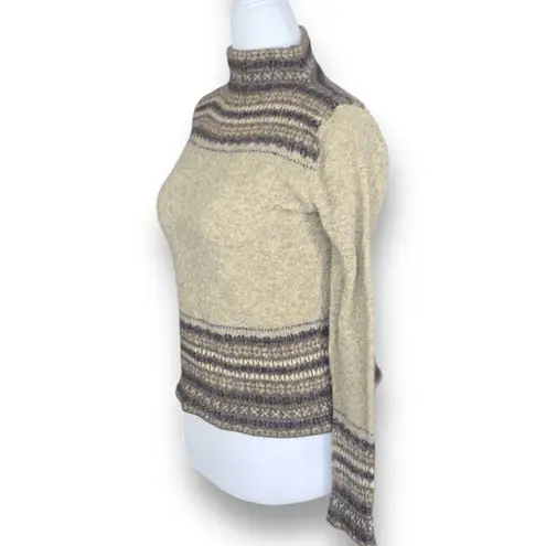 Vintage 90s Fair Isle Wool Cropped Tan Turtleneck Ski Lodge Cozy Knit Sweater