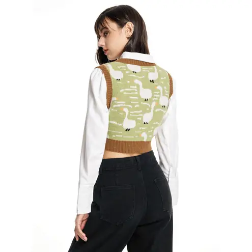 Cider Sweater Vest Crop Top Womens Small Duck All Over Pattern Knit Preppy