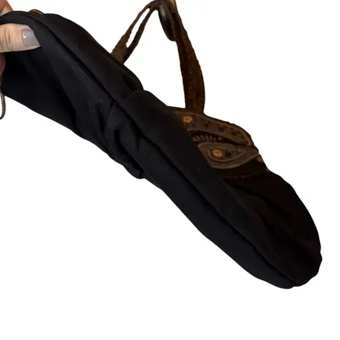 Braccialini Tua Canvas Beaded Embellished Stud Black Tote Brown Leather Detail