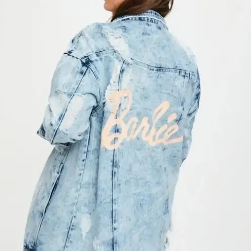 Missguided Barbie X Oversized Blue Acid Wash Denim Jacket Distressed Size 6