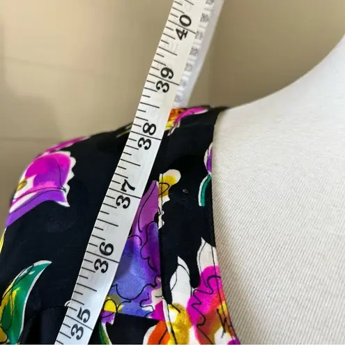 Y2K 100% Silk 90's Bright Floral Long Sleeve Midi Dress Sz 12 Modest Trad Wife Black