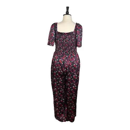 Draper James New Jumpsuit Smocked Square Neck Black Red Floral Women’s Size XXL