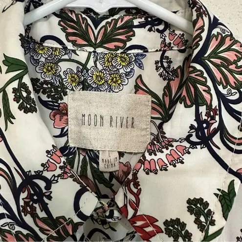 Moon River Anthropologie Floral A-Line Dress Button Tie Flutter Sleeve Size M