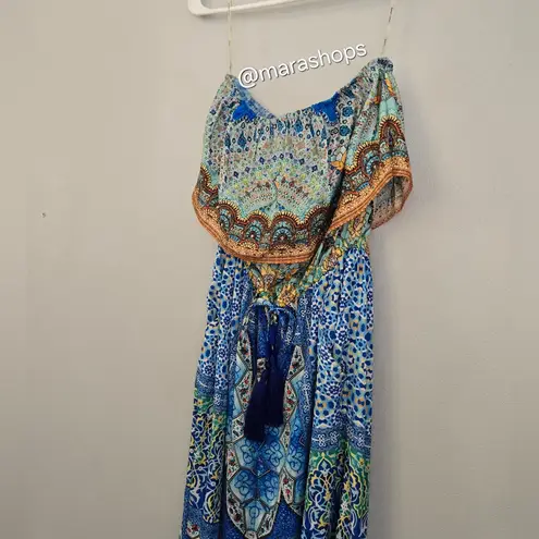 Shahida Parides Strapless Blue Crystal Print Wide Leg Jumpsuit Green Size undefined