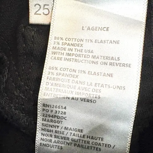 L'Agence Women Margot High Rise Skinny Jeans Silver Glitter Coated Black Size 25