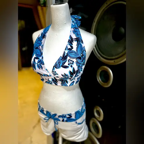 NWOT Women's Sporty Two Piece Swimsuit Halter Push Up Top w/ Shorts Size:Large Blue