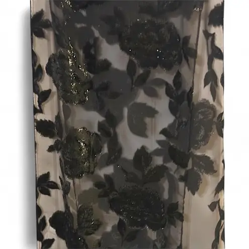 New York And Company Y2K Black Flocked Velvet Roses Metallic Sheer Scarf Wrap