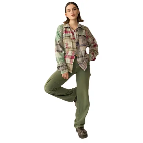 NWT Boutique Boho Boone Trail Stitch Shacket in Patchwork Plaid Petal Green