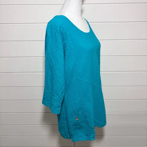 Vermont Country Store Textured Popover Half Sleeve Tunic Blue Top Size S