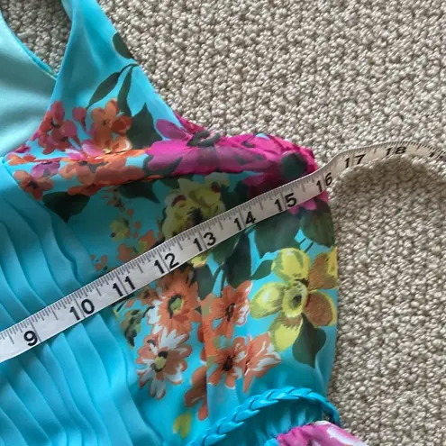 DuO Blue Floral Fit & Flare Dress Belted Lined Elastic Waist Like New Size Small