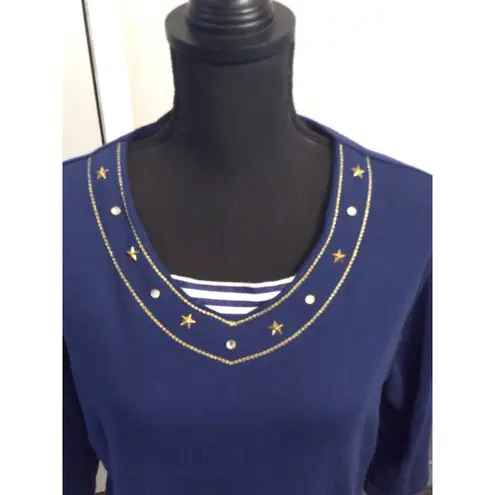 Quacker Factory Medium M Blue Nautical Sailor 3/4 Sleeve Top