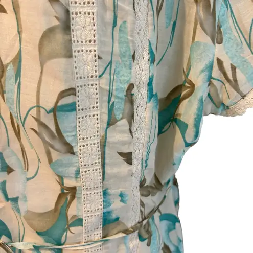 Nygard Collection Silk Blend SZ 12P Crochet Tie Back Cap Sleeve Boho Chic Floral Blue Size M