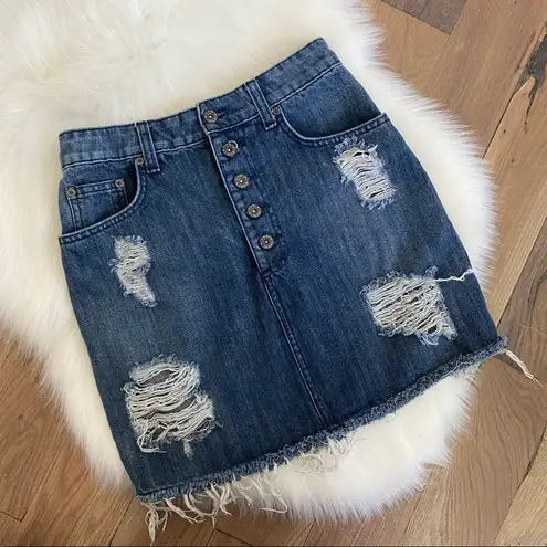 Carmar Ripped Raw Hem Distressed Button Front Denim Skirt Size 26