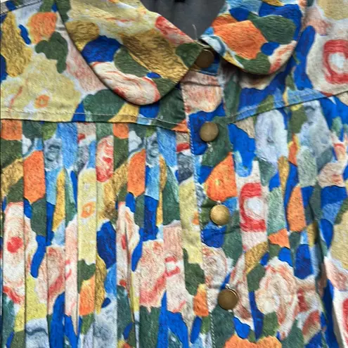 Radzoli Blue and Green Pleated Blouse with Peter Pan Collar Size M